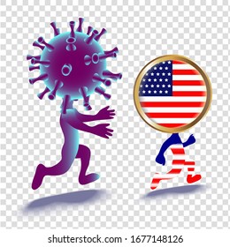 A cartoon illustration of people in the image of the coronovirus bacteria and the United States of America. Isolated image of cartoon characters. Epidemic concept.