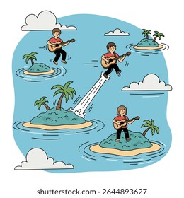 Cartoon illustration of people playing guitars on tropical islands with palm trees, clouds, and a waterfall effect.