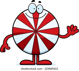 A cartoon illustration of a peppermint waving.