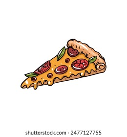 A cartoon illustration of a pepperoni pizza with cheese and basil appears very appetizing and tasty