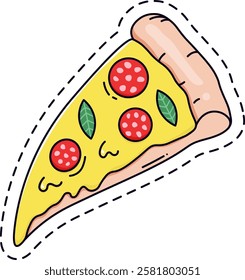 Cartoon illustration of a pepperoni pizza slice with oregano leaves and dripping cheese, isolated on white background with a trendy dashed line contour