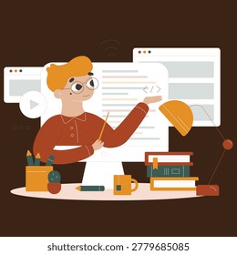 Cartoon illustration of a person coding on a computer with progr