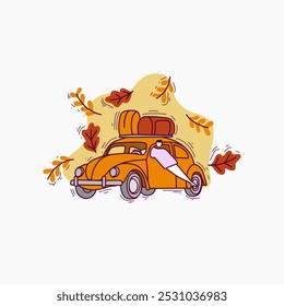 A cartoon illustration of a person driving a car with pumpkins on top, surrounded by autumn leaves.