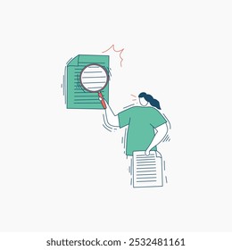A cartoon illustration of a person examining a document with a magnifying glass.