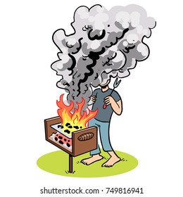 Cartoon illustration of a person getting covered in smoke from a park BBQ