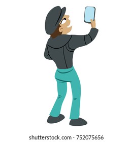 cartoon illustration of a person holding up a cell phone and shooting a picture or taking a selfie.