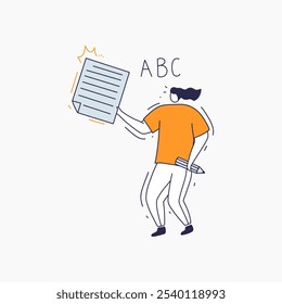 A cartoon illustration of a person holding a lined paper and a pencil, saying "ABC" representing learning and education.