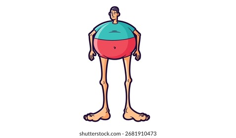 Cartoon illustration of a person with a large, round belly, long legs, and small arms. The character wears a teal shirt and red shorts.