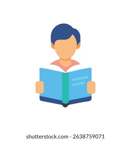 Cartoon illustration of person reading open book on White
