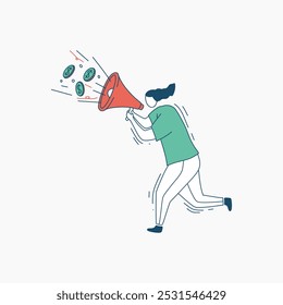Una ilustración de dibujos animados de una persona corriendo mientras sostiene un megáfono, con monedas volando.