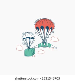 A cartoon illustration of a person skydiving with a parachute and delivering a package.