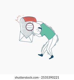 A cartoon illustration of a person using a magnifying glass to look closely at a detailed envelope.