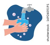 Cartoon illustration of person washing hands with soap under running water