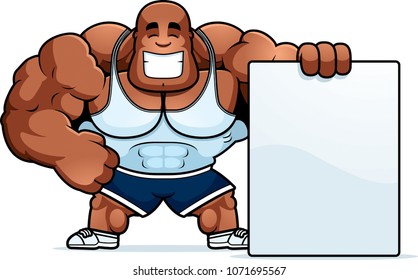 A cartoon illustration of a personal trainer with a sign.