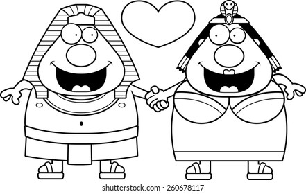 A cartoon illustration of a pharaoh and queen holding hands and in love.