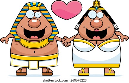 A cartoon illustration of a pharaoh and queen holding hands and in love.