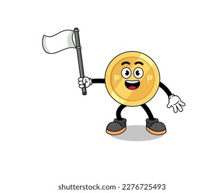 Cartoon Illustration of philippine peso holding a white flag , character design