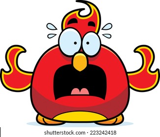A cartoon illustration of a phoenix bird looking scared.