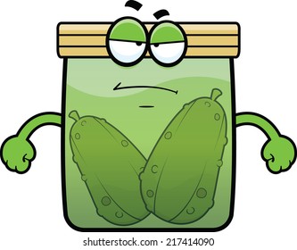 Cartoon illustration of a pickle jar with a grumpy expression. 