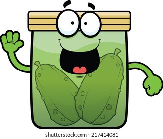 Cartoon illustration of a pickle jar with a happy expression. 