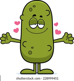 A cartoon illustration of a pickle ready to give a hug.