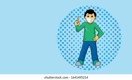 The cartoon illustration picture of a boy wears hygienic mask. ( vector )