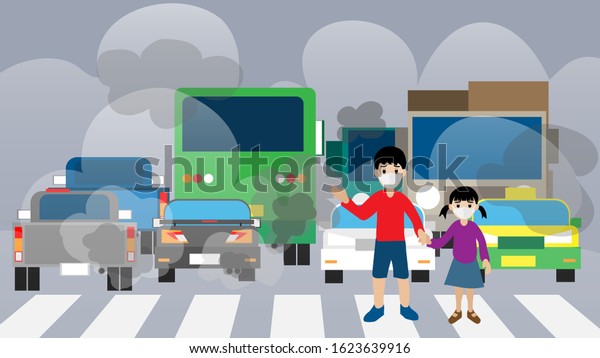 The cartoon illustration picture of the children\
wearing mask, crossing the traffic jams road with a bad smoke and\
air pollution problem. ( vector\
)