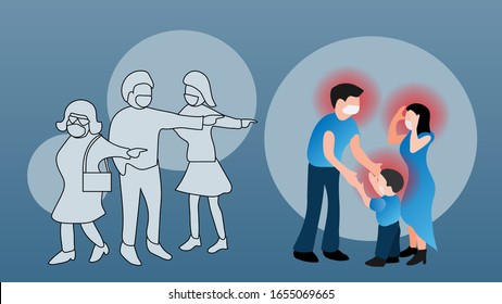 The cartoon illustration picture of 
the disease inflected family is bullied by society. ( vector )