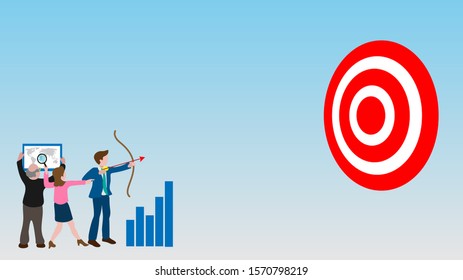 The cartoon illustration picture of a group of business people plan to shoot an arrow to the target. ( vector )