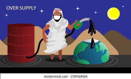 The cartoon illustration picture of a man pours the oil on the earth as the over supply of the world oil market. ( vector )