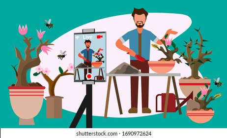 The cartoon illustration picture of a man showing how to grow the plant on the internet as he work from home. ( vector )