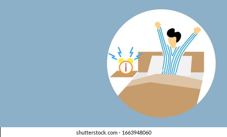 The cartoon illustration picture of a man is waking up in the morning because of his alarm clock. ( vector )