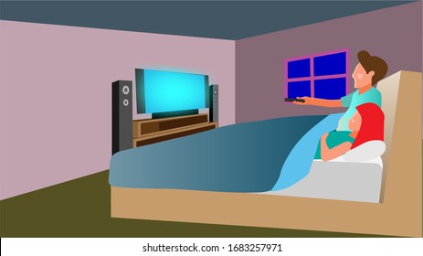 The cartoon illustration picture of a man and a woman watching TV together on the bed. ( vector )