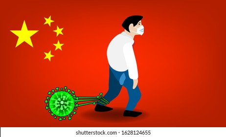 The cartoon illustration picture of a sick man drag the green germs on the red flag. ( vector )