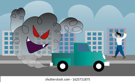 The cartoon illustration picture of the smoke monster come out from the exhaust pipe of the car to scare the pedestrian. vector 