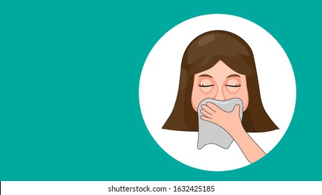 The Cartoon Illustration Picture Of A Woman Cover Her Mouth With Handkerchief When She Coughs. ( Vector )