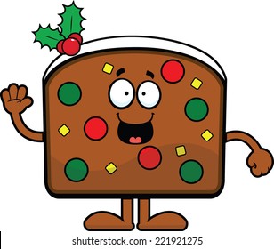 Cartoon illustration of a piece of fruit cake smiling and waving. 