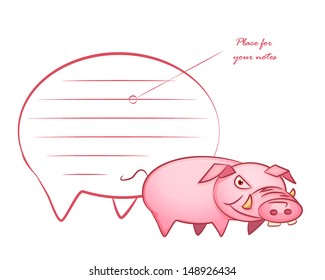 Cartoon illustration of a pig with a card for notes
