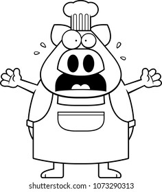 A cartoon illustration of a pig chef looking scared.
