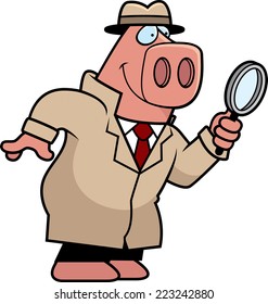 A cartoon illustration of a pig detective with a magnifying glass.