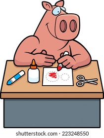 A cartoon illustration of a pig doing arts and crafts.