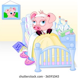 Cartoon illustration of a pig having the flu