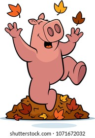 A cartoon illustration of a pig jumping in autumn leaves.