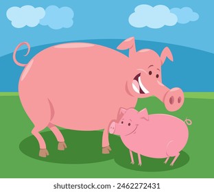 Cartoon illustration of pig mom farm animal character with cute piglet