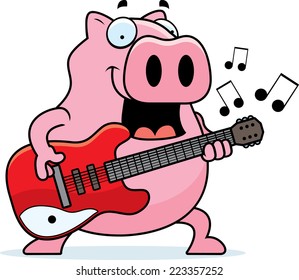 A cartoon illustration of a pig playing an electric guitar.