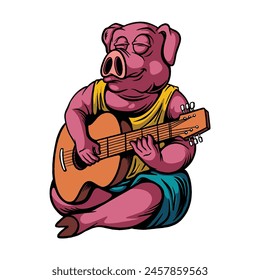 A cartoon illustration of a pig playing a guitar