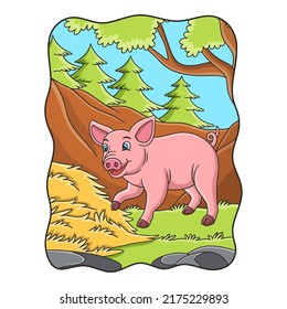 cartoon illustration a pig walking around in its cage near the hay