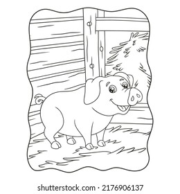 cartoon illustration a pig walking around in its cage on a haystack book or page for kids black and white