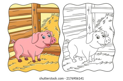 cartoon illustration a pig walking around in its cage on a haystack book or page for kids