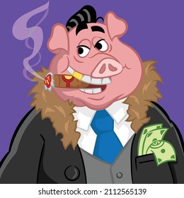 Cartoon illustration of pig wearing black suit tie with cigar and money in pocket
